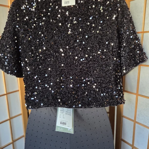 NWT WOMENS H&M BLACK SEQUINS & FRONT BOW CROPPED SHORT SLEEVE EVENING TOP SMALL - Picture 3 of 8